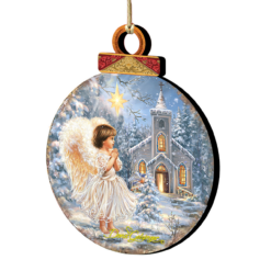 Set Of 2 Angel At The Chapel Round Wooden Christmas Ornaments 5.5"