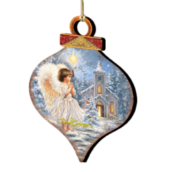 Set Of 2 Angel At The Chapel Onion Shaped Wooden Christmas Ornaments 5.5"