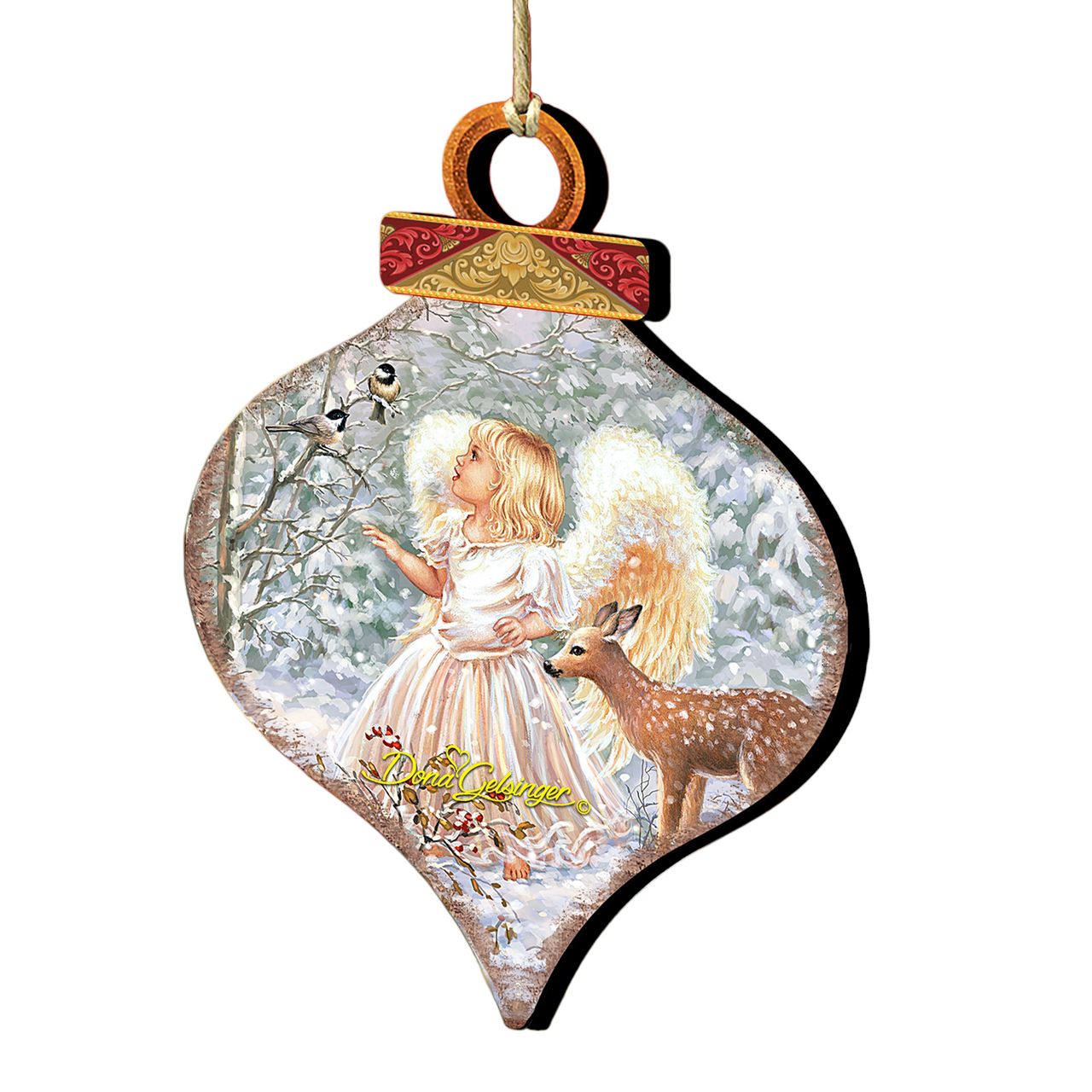 Set Of 2 Angel With Friends In The Woodland Onion Shaped Wooden Christmas Ornaments 5.5" 1 Set Of 2 Angel With Friends In The Woodland Onion Shaped Wooden Christmas Ornaments 5.5"