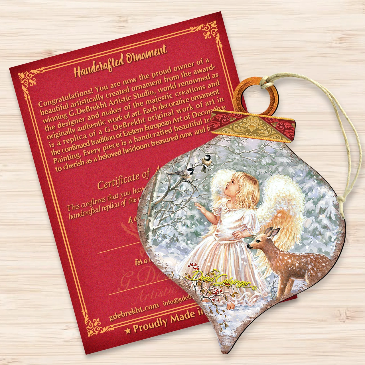 Set Of 2 Angel With Friends In The Woodland Onion Shaped Wooden Christmas Ornaments 5.5" 3 Set Of 2 Angel With Friends In The Woodland Onion Shaped Wooden Christmas Ornaments 5.5" - Image 3