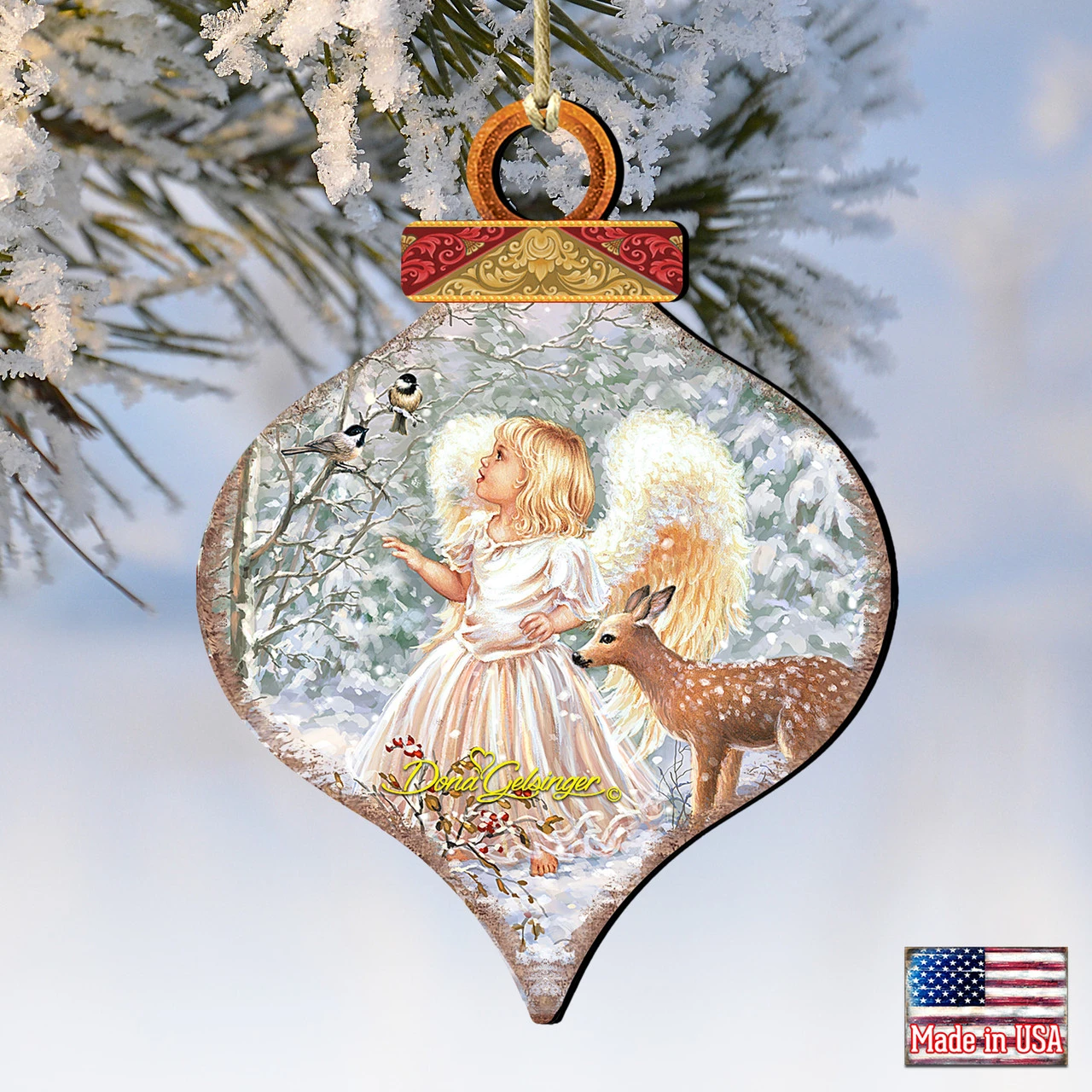 Set Of 2 Angel With Friends In The Woodland Onion Shaped Wooden Christmas Ornaments 5.5" 4 Set Of 2 Angel With Friends In The Woodland Onion Shaped Wooden Christmas Ornaments 5.5" - Image 4
