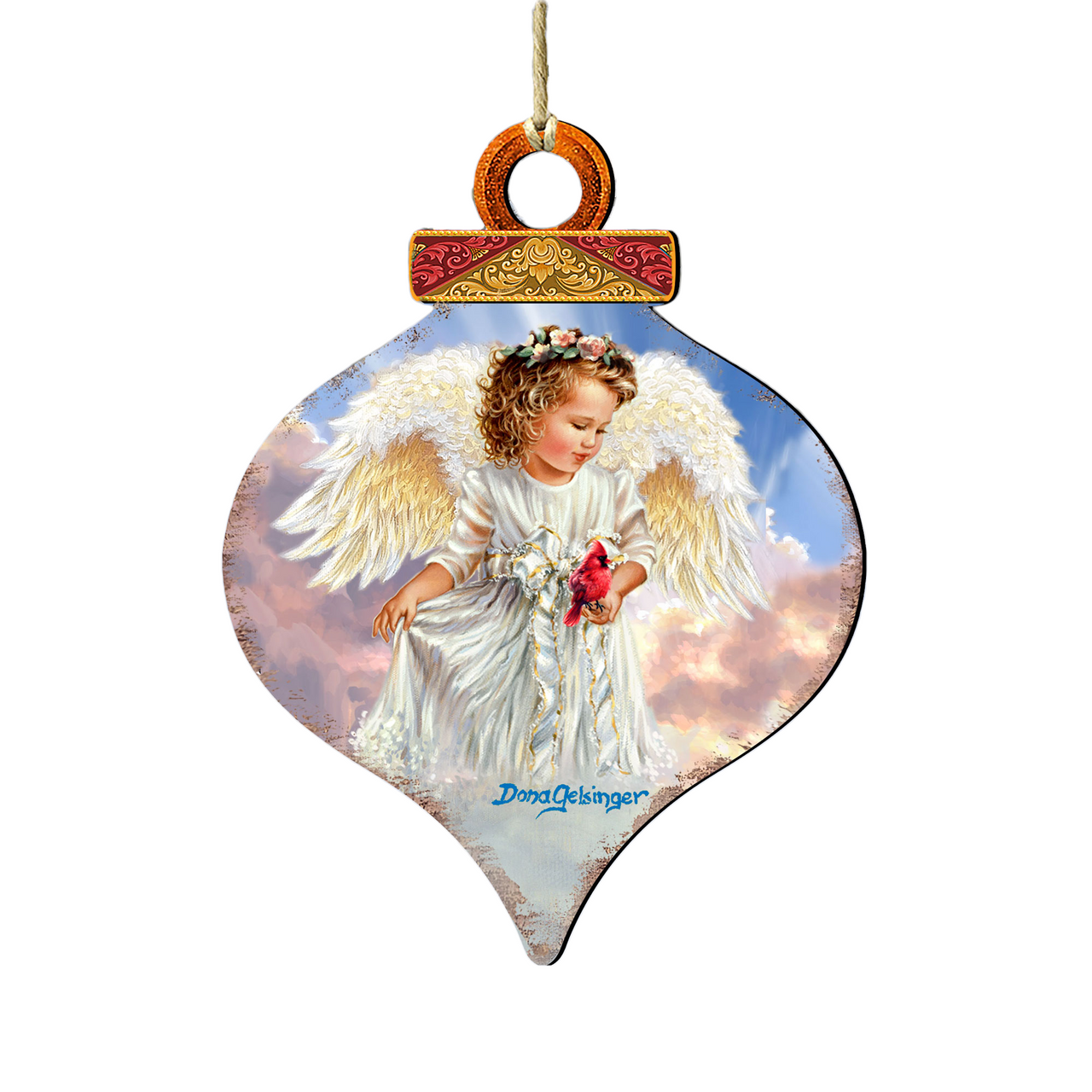 Set Of 2 Little Angel With Cardinal Onion Shaped Wooden Ornaments 5.5" 1 Set Of 2 Little Angel With Cardinal Onion Shaped Wooden Ornaments 5.5"