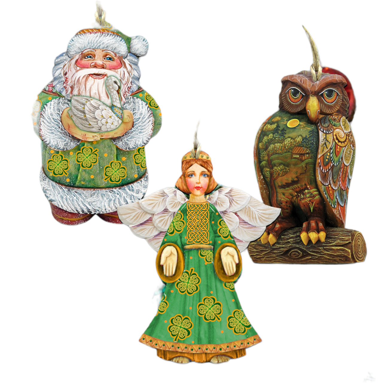 Set Of 3 Irish Santa Angel And Owl Wooden Christmas Ornaments 5.5" 1 Set Of 3 Irish Santa Angel And Owl Wooden Christmas Ornaments 5.5"