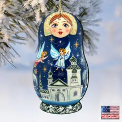 Set Of 2 Matreshka Doll With Flying Angels Wooden Christmas Ornaments 5.5" -Deals Christmas decorations Store 8115941 4 02202.1667549839