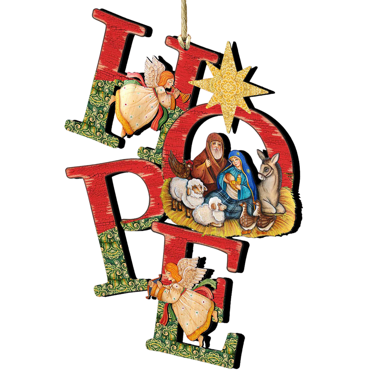 Set Of 2 Magnificent Nativity "Hope" Wooden Christmas Ornaments 5.5" 1 Set Of 2 Magnificent Nativity "Hope" Wooden Christmas Ornaments 5.5"