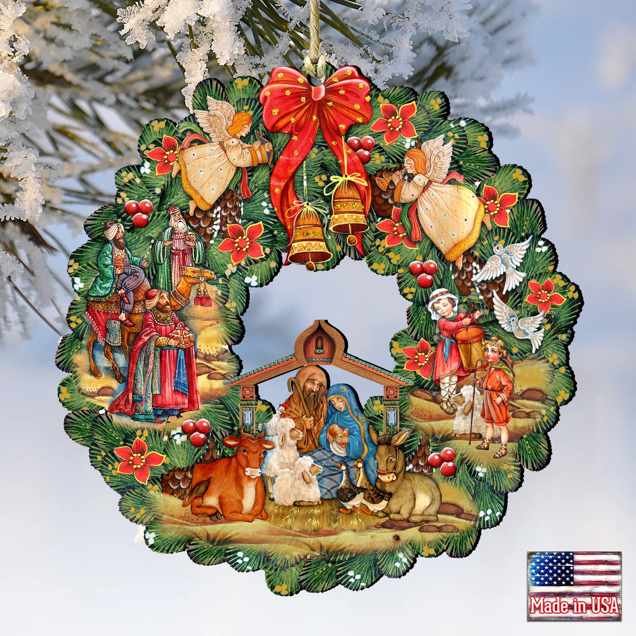 Set Of 2 Nativity Wreath Wooden Christmas Ornaments 5.5" 4 Set Of 2 Nativity Wreath Wooden Christmas Ornaments 5.5" - Image 4