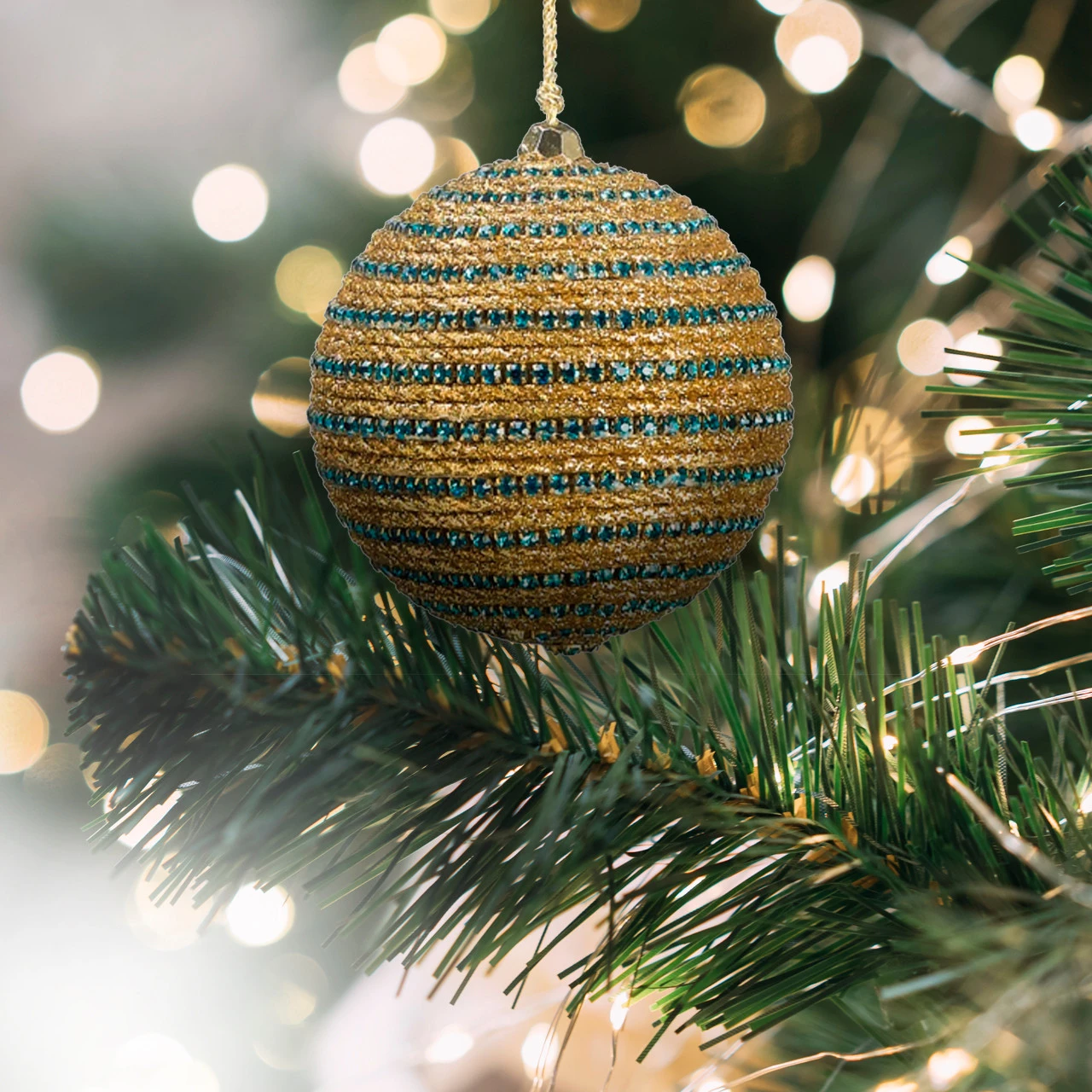 3" Regal Peacock Glittered Gold And Turquoise Blue Peacock Striped Christmas Ball Ornament 2 3" Regal Peacock Glittered Gold And Turquoise Blue Peacock Striped Christmas Ball Ornament - Image 2