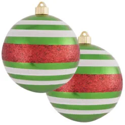 2ct Limeade And Red Striped Shatterproof Christmas Ball Ornament 6" (150mm)