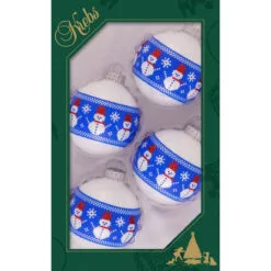 4ct Porcelain White And Blue Glass Stitched Snowman Band Christmas Ball Ornaments 2.5" (60mm)