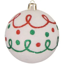 4ct Snowball White Loops And Dots Shatterproof Glitter Christmas Ball Ornaments 3.25" (80mm)