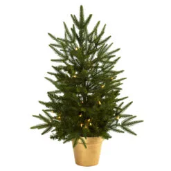 2.5' Pre-Lit Artificial Christmas Tree With Golden Planter, Clear Incandescent Lights