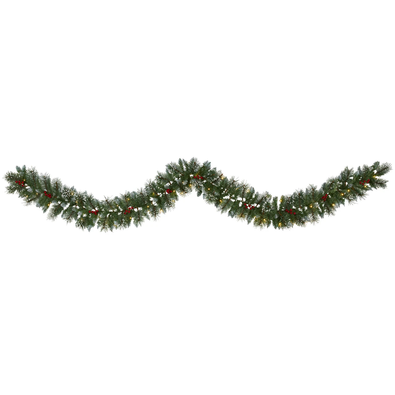 9’ X 7" Pre-Lit Frosted Swiss Pine And Berries Artificial Christmas Garland, Clear LED Lights 1 9’ X 7" Pre-Lit Frosted Swiss Pine And Berries Artificial Christmas Garland, Clear LED Lights