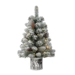 2' Pre-Lit Flocked Table Top Artificial Christmas Tree In Metal Pot, Warm White Lights