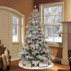 7.5' Pre-lit Flocked Aspen Green Fir Artificial Christmas Tree, Color Select LED Lights -Deals Christmas decorations Store dpul apgf 75ld6 4 86824.1688168074