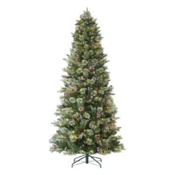 7.5' Pre-Lit LED Frosted Slim Berry Spruce Artificial Christmas Tree, Warm White Lights