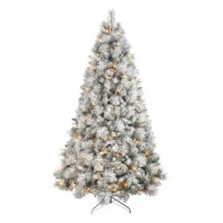 7.5' Pre-Lit Flocked Traditional Pine Artificial Christmas Tree, Clear Lights