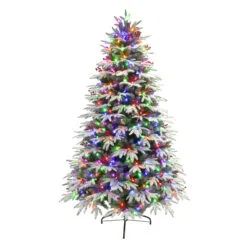 7.5' Pre-lit Flocked Halifax Fir Artificial Slim Christmas Tree, Color Select LED Lights