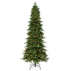7.5' Pre-Lit Slim Spruce Artificial Christmas Tree With Glitter Accents And Clear Lights