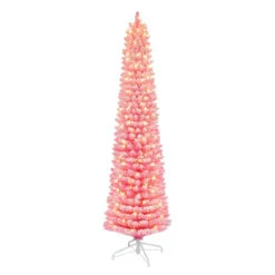 6.5' Pre-lit Flocked Fashion Pink Pencil Artificial Christmas Tree, Clear Lights