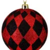 Set Of 6 Red And Black Glittered Harlequin Ball Ornament, 11.5" (100mm)