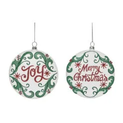 Set Of 2 White And Green Christmas Vintage Holiday Ornaments 5.5"