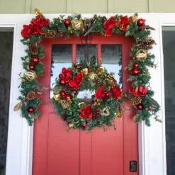 9' Pre-lit Battery Operated Green With Red Magnolias LED Artificial Christmas Garland - White Lights -Deals Christmas decorations Store dvlc v 11093 007 57361.1667667503