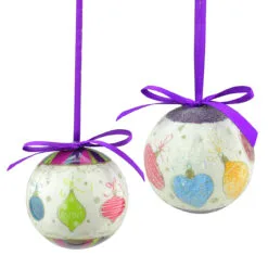 8pc Purple And White Decoupage Shatterproof Christmas Ball Ornaments 2.25" (57mm)