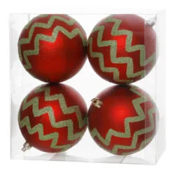 4ct Red And Lime Green Chevron Striped Shatterproof 2-Finish Christmas Ball Ornaments 4" (100mm)