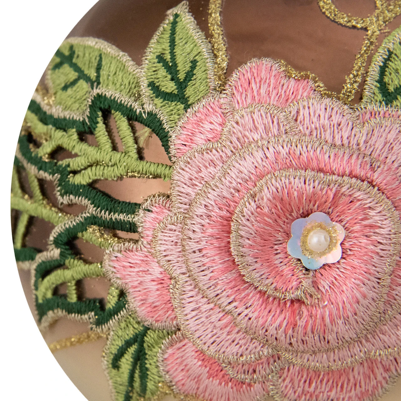 2-Finish Brown And Pink Floral Applique Glass Christmas Ball Ornament 5" (125mm) 4 2-Finish Brown And Pink Floral Applique Glass Christmas Ball Ornament 5" (125mm) - Image 4