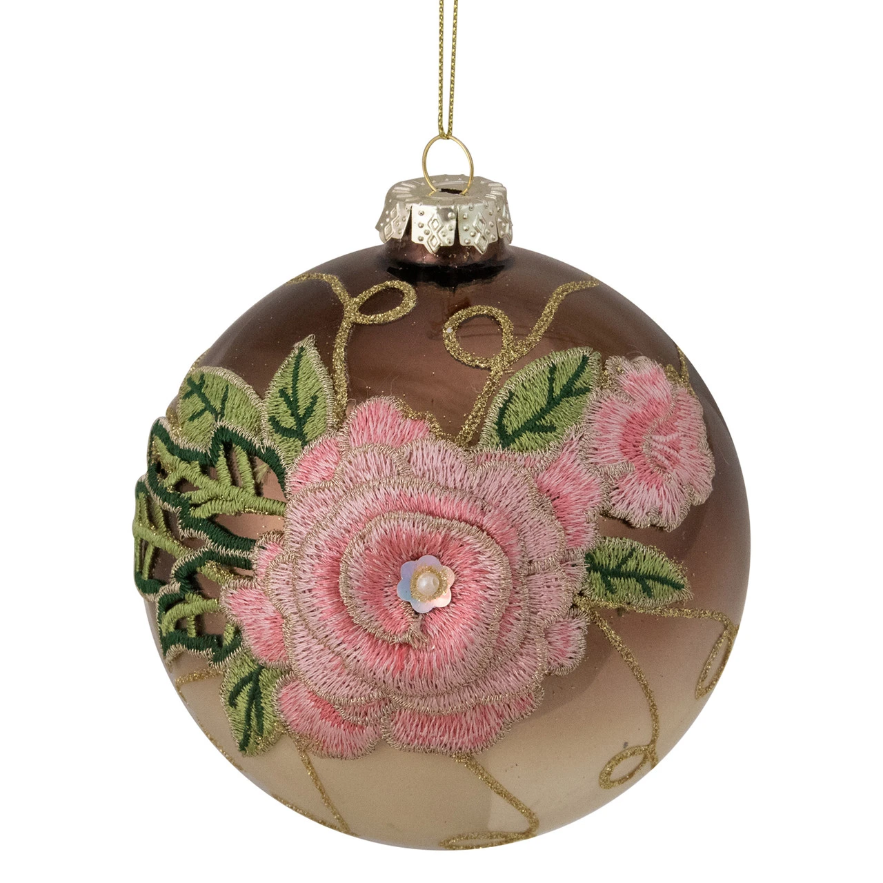 2-Finish Brown And Pink Floral Applique Glass Christmas Ball Ornament 5" (125mm) 1 2-Finish Brown And Pink Floral Applique Glass Christmas Ball Ornament 5" (125mm)
