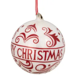 6" Red And White Merry Christmas Glass Ball Ornament