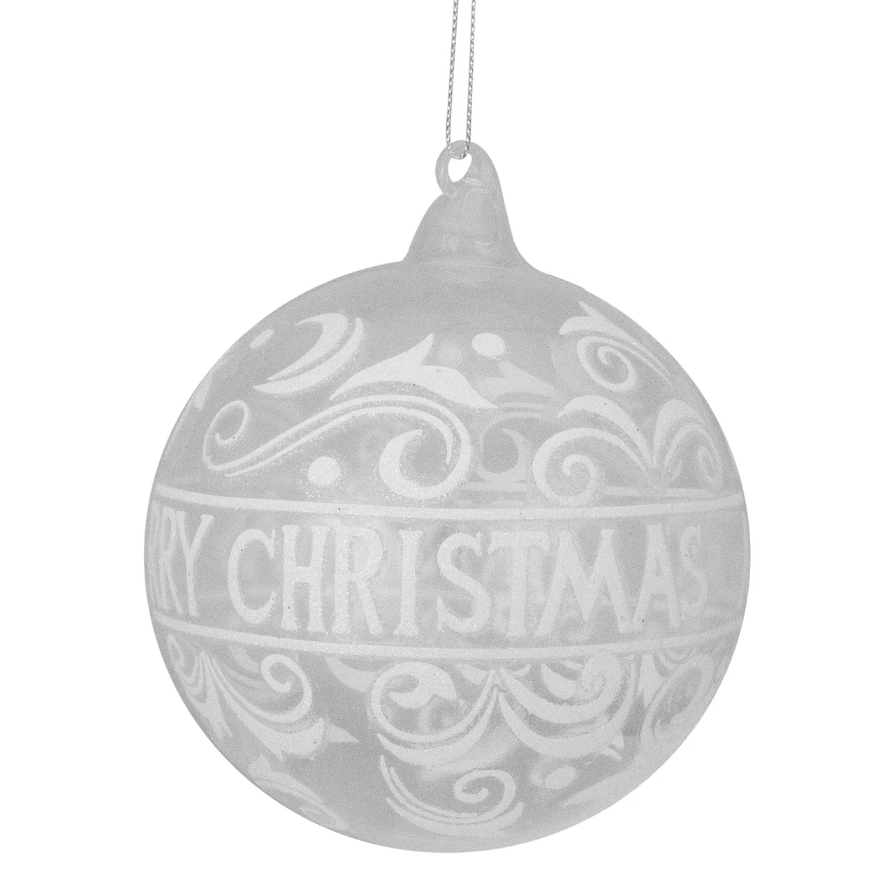 Clear And White "Merry Christmas" Glass Christmas Ball Ornament 4.5" (114mm) 1 Clear And White "Merry Christmas" Glass Christmas Ball Ornament 4.5" (114mm)