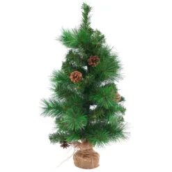 23.5" LED Lighted Mixed Pine And Pine Cones Artificial Christmas Tree In Jute Base