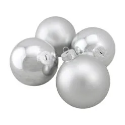 4ct Shiny And Matte Silver Glass Ball Christmas Ornaments 4" (100mm) 404416