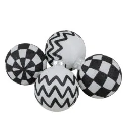 4ct Black And White Zig Zag And Checkered Christmas Glass Ball Ornaments 2.75" (67mm)
