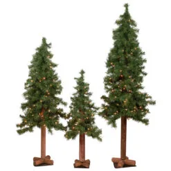 Set Of 3 Pre-Lit Woodland Alpine Artificial Christmas Trees 5' - Clear Lights