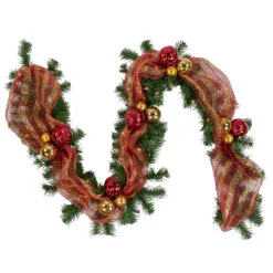6ft Pre-Lit Decorated Red And Gold Artificial Christmas Garland, Clear Lights