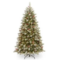 7.5’ Pre-Lit Snowy Bristle Berry Artificial Christmas Tree – Dual Color LED Lights
