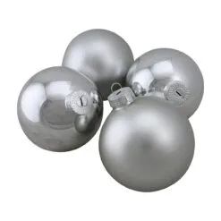 4ct Shiny And Matte Silver Christmas Glass Ball Ornaments 4" (100mm)