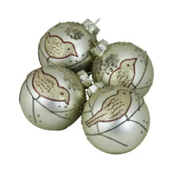 4ct Champagne Gold And Brown Bird 2-Finish Glass Christmas Ball Ornaments 4" (100mm)